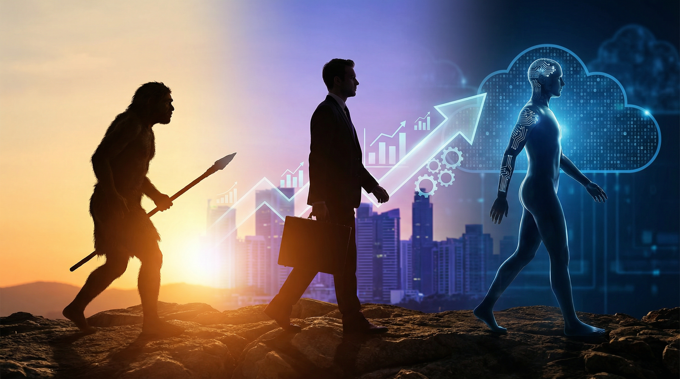 Evolution from caveman to AI-powered human